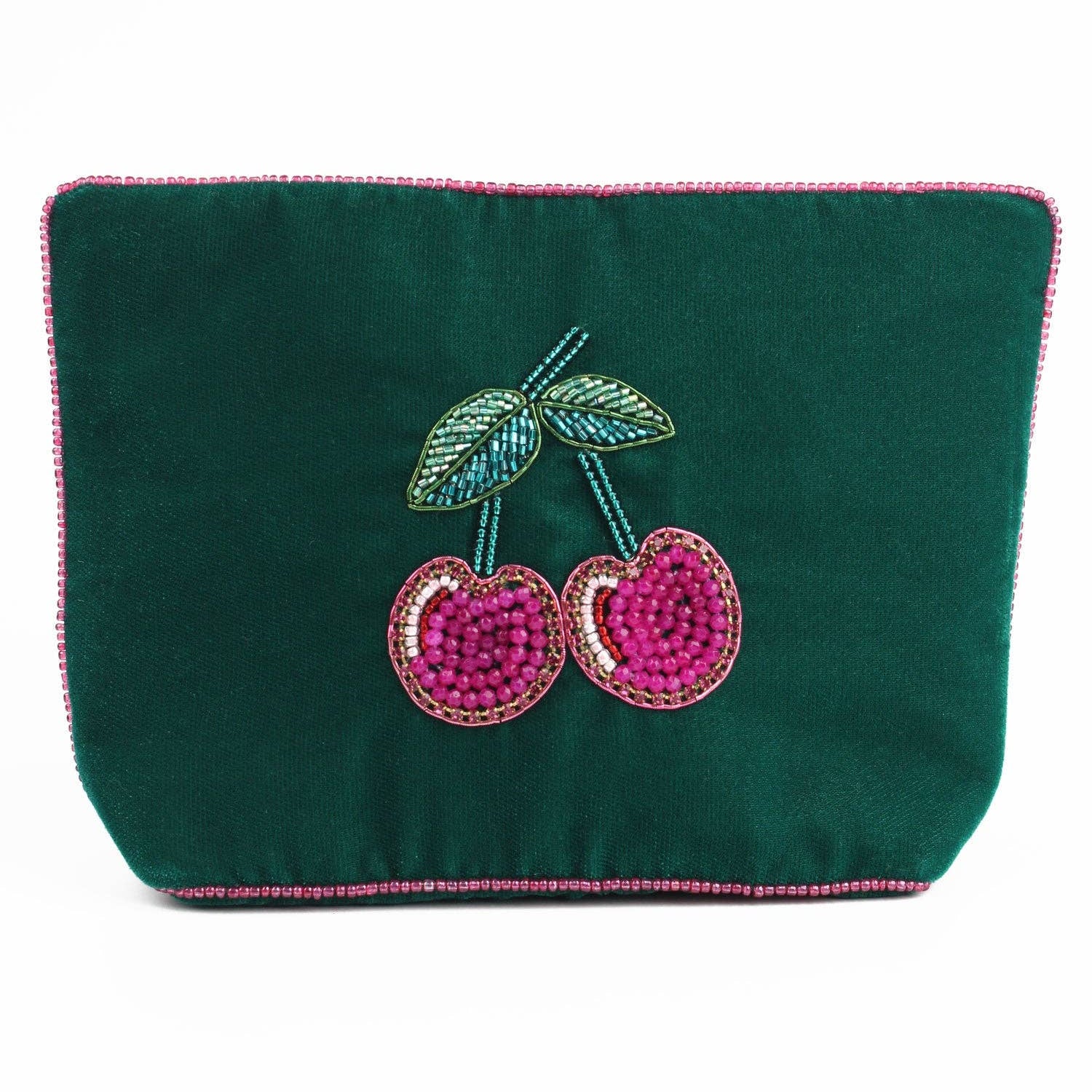 Green velvet cherry pouch