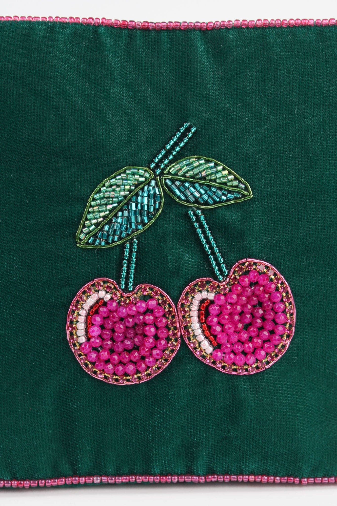 Green velvet cherry pouch