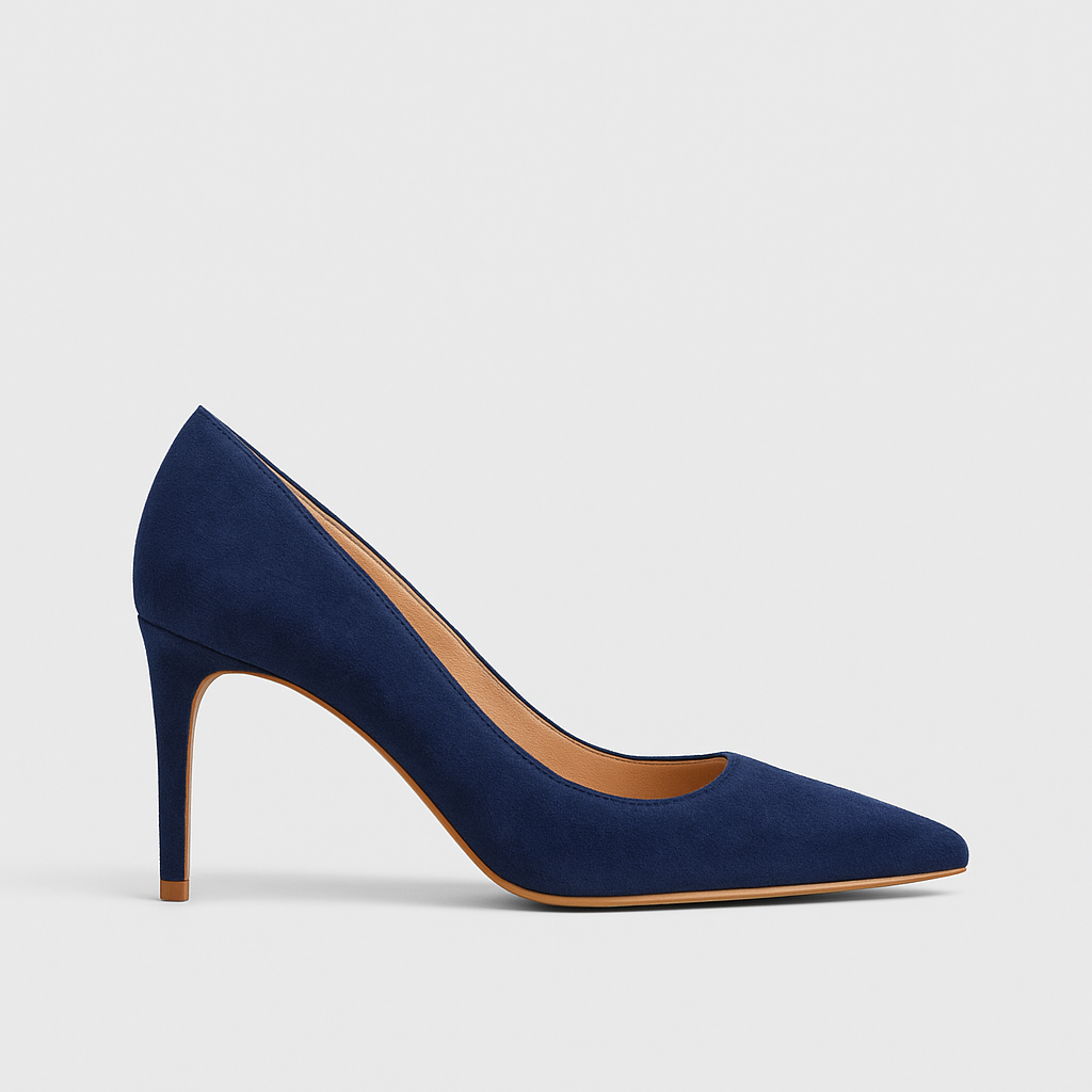 A navy suede heel with a pointed toe and stiletto shape, set against a white background.