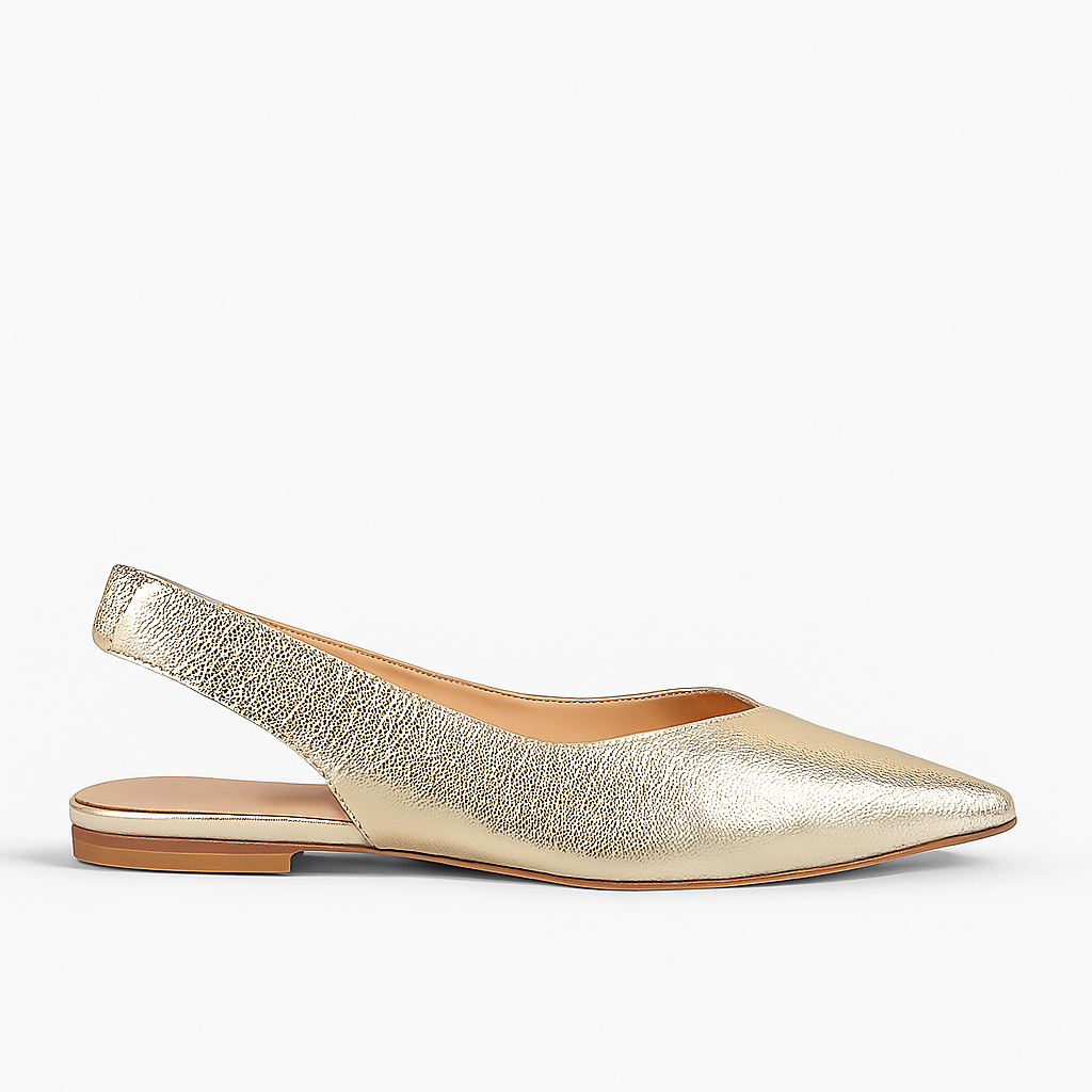 Gold metallic slingback flat shoe on a white background