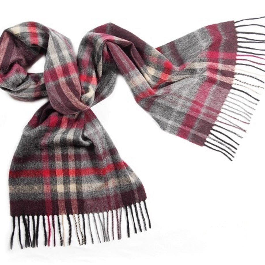 Cashmere Burgundy, Red and Grey tartan scarf