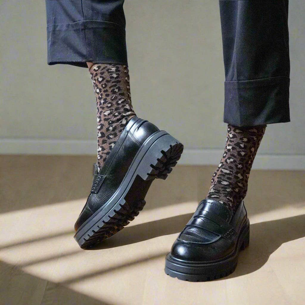 KLUE Glitter leopard brown socks