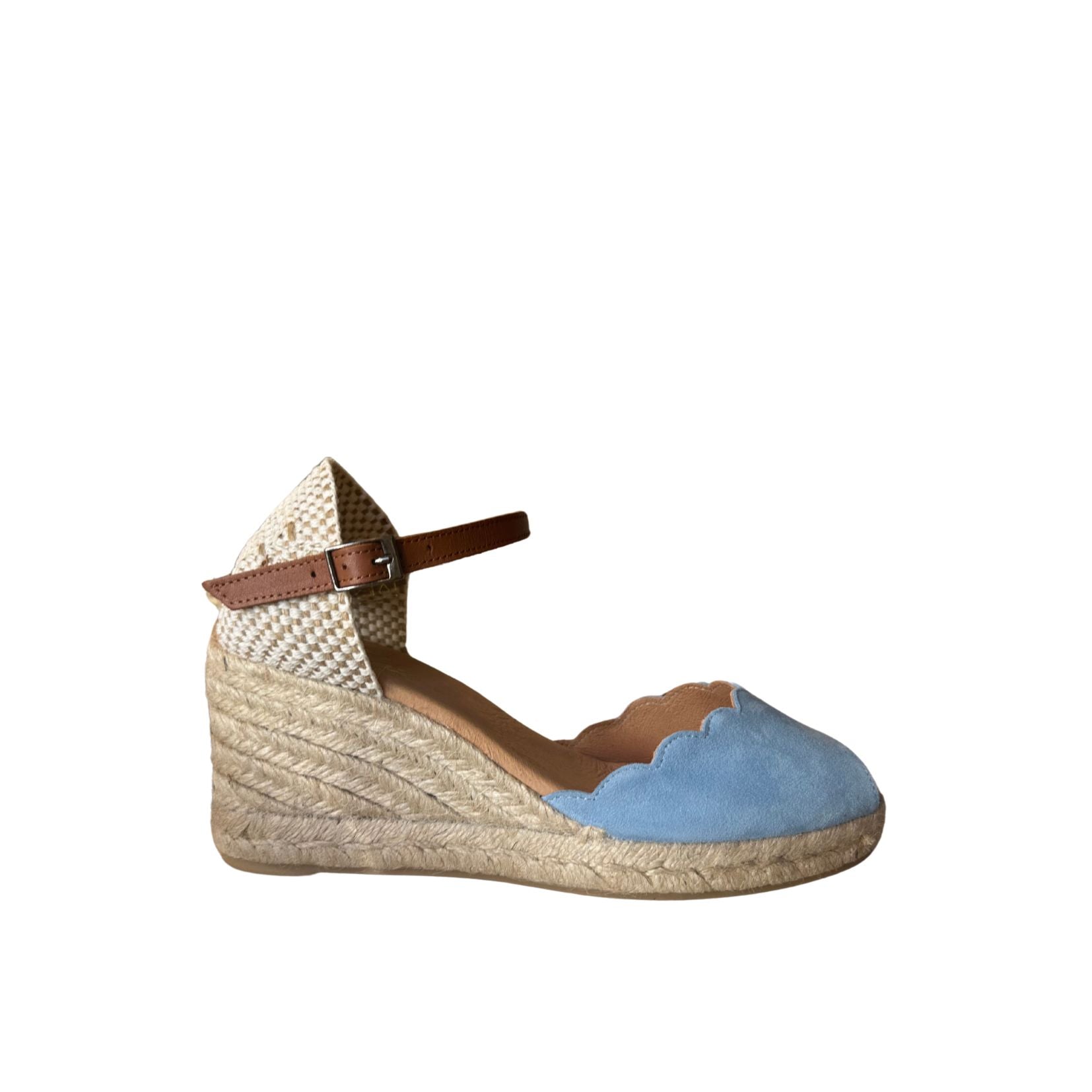 Soft Blue Suede Scallop Espadrille wedge