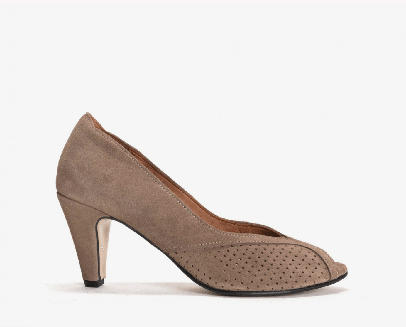 This style features eyelet details, taupe coloured suede outer, a modern shape court heel and peep-toe. Made in Portugal. Material 100% Italian calf suede leather. Shop Made the Edit for beautifully crafted footwear for women. UK stockist.