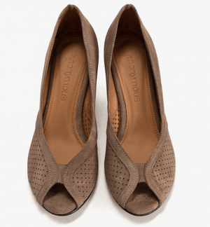 This style features eyelet details, taupe coloured suede outer, a modern shape court heel and peep-toe. Made in Portugal. Material 100% Italian calf suede leather. Shop Made the Edit for beautifully crafted footwear for women. UK stockist.