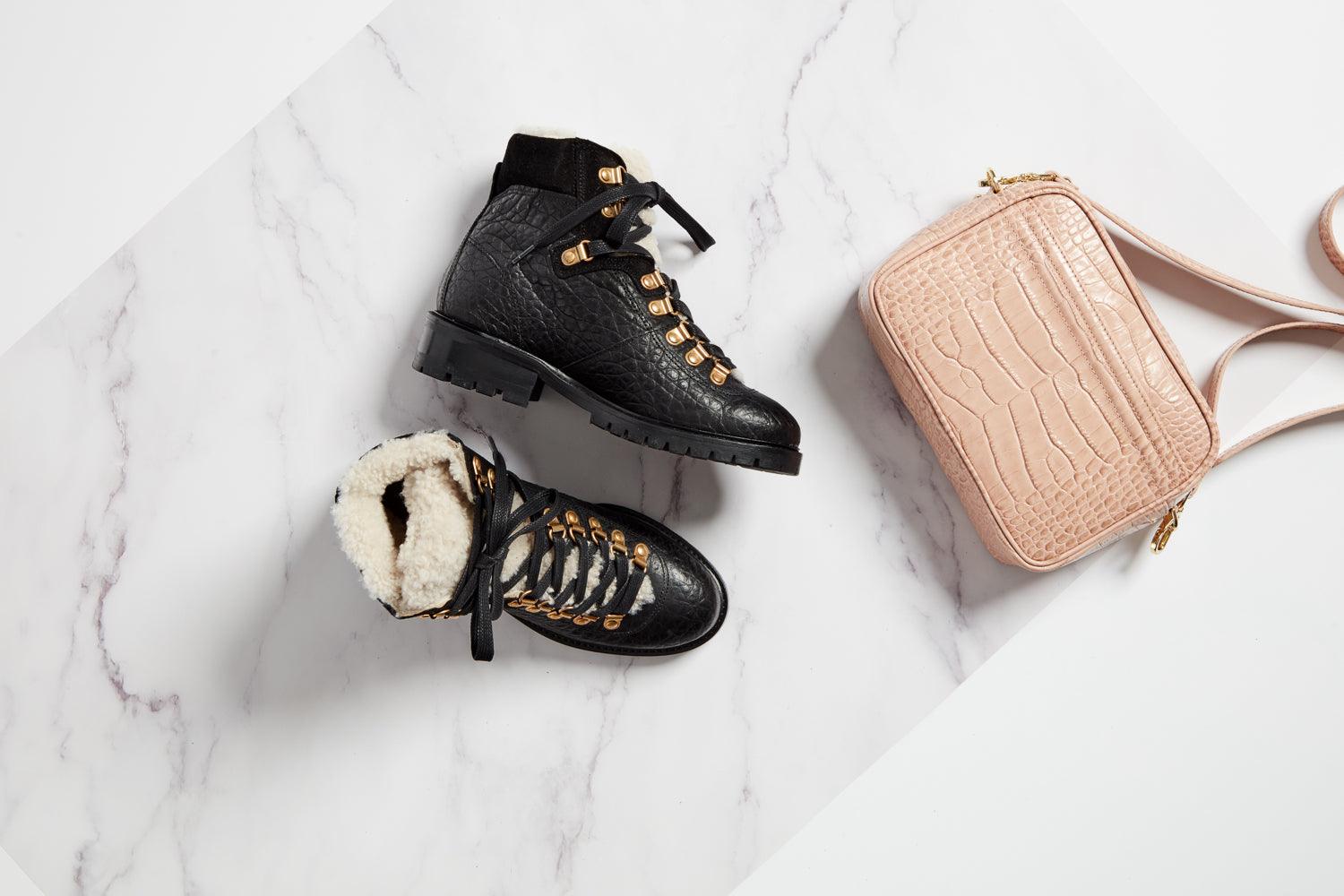 Anonymous Copenhagen Black Grain Leather lace up boots with shearling inner and gold hardware.